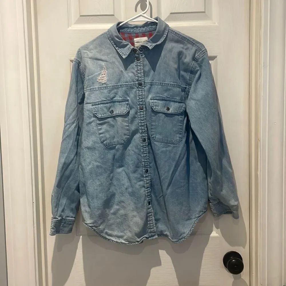 American Eagle flannel lined snap button denim top oversized fit SZ medium